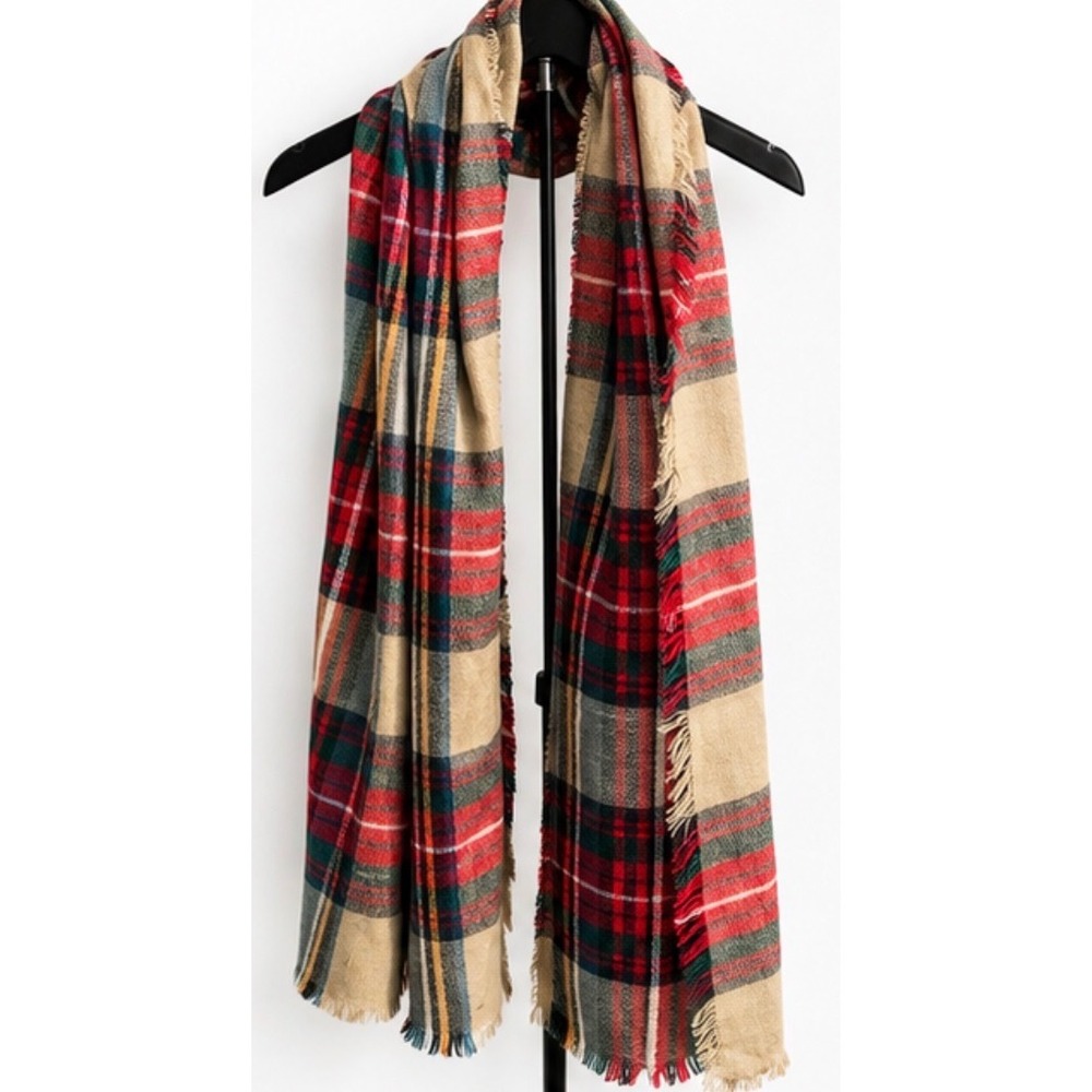 Unbranded Plaid Blanket Scarf Red Green Tan Oversized Fringed Wrap Shawl